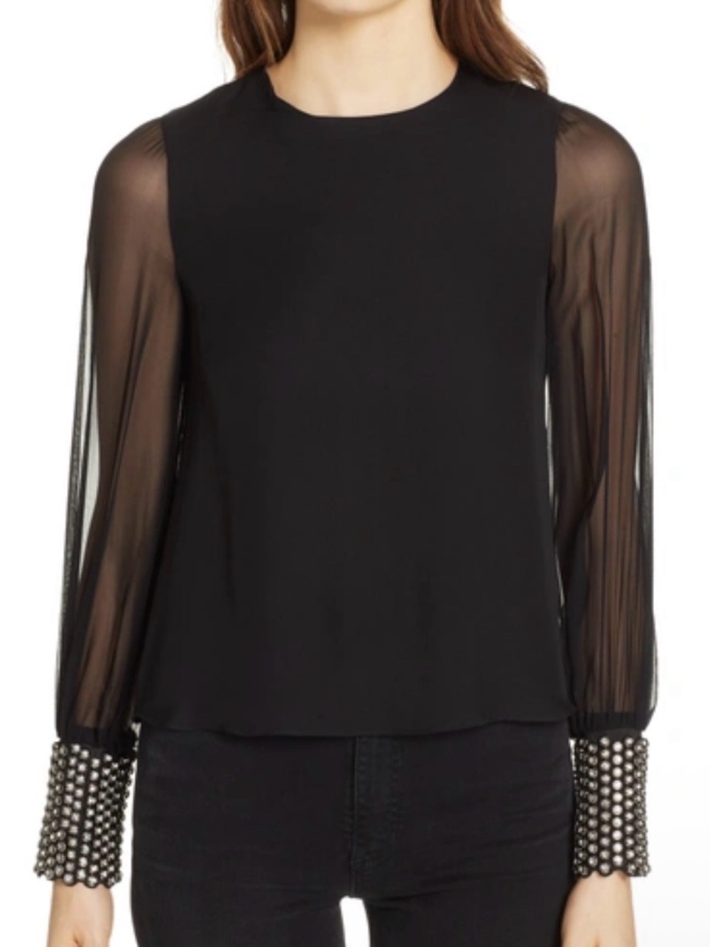 Worthington Black Sheer Long-Sleeve Blouse with Beaded Cuffs